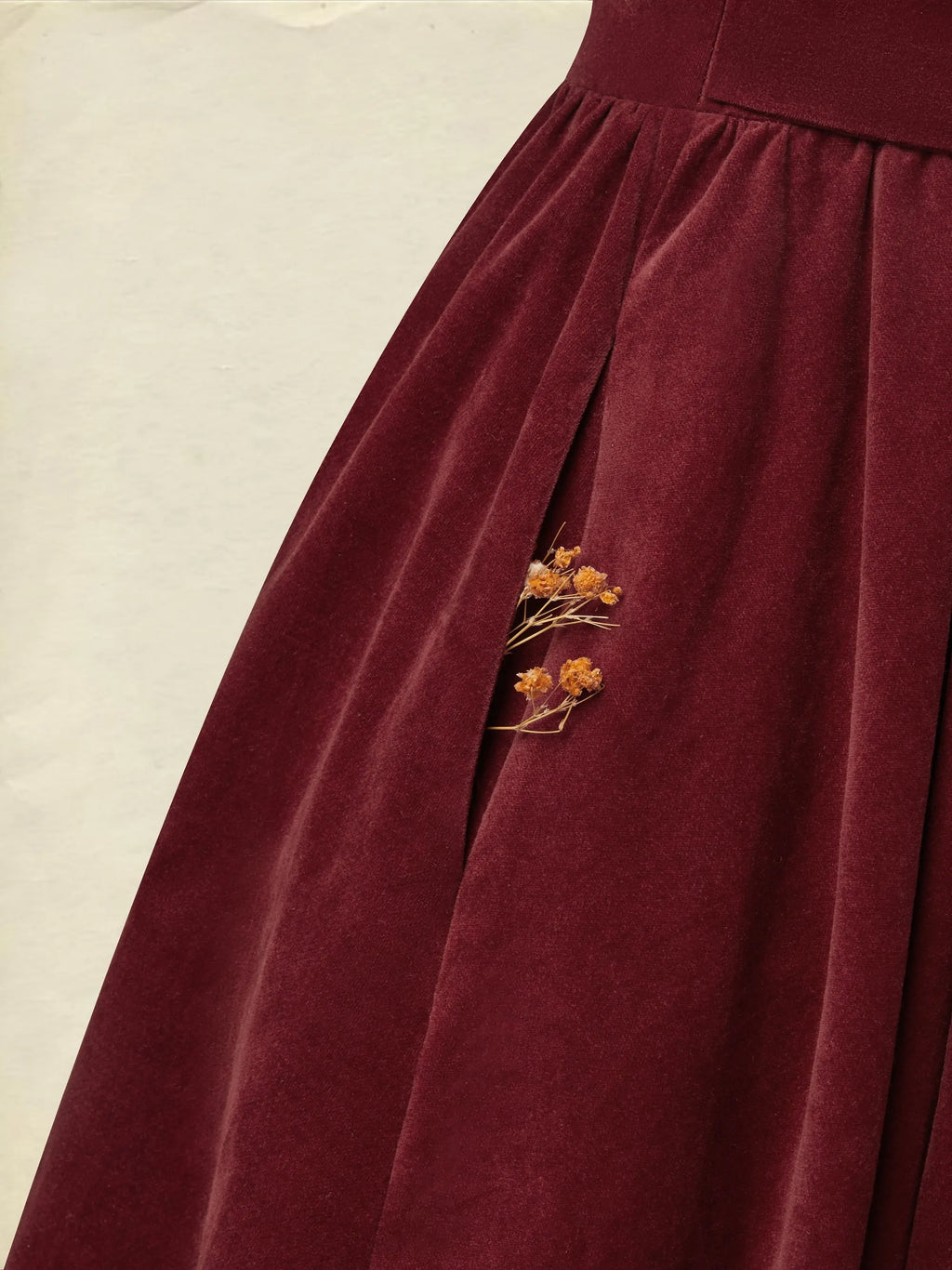 Maxi Cotton Dress, Half Sleeve, Square Neck, Plain, Pocket Design, Vintage, Red