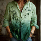 Japanese Bamboo Gradient Pattern Men's Linen Long Sleeve Shirt