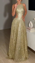 Gold Glitter Halter Side Cutout A-Line Train Maxi Gown