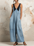 Two-Tone Denim V-Neck Wide-Leg Jumpsuit With Pockets