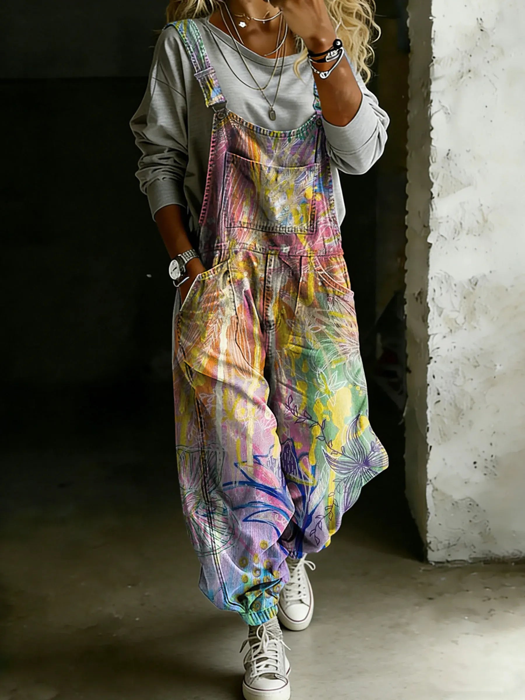 Women’s Vintage Multicolor Art Print Casual One Piece Denim Jumpsuit