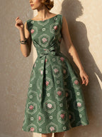 Midi Linen Dress, Sleeveless, Round Neck, Floral, Bow, Vintage, Green