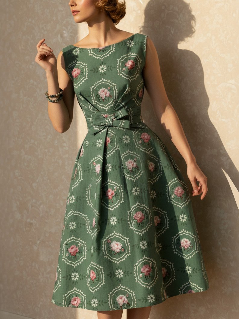 Midi Linen Dress, Sleeveless, Round Neck, Floral, Bow, Vintage, Green