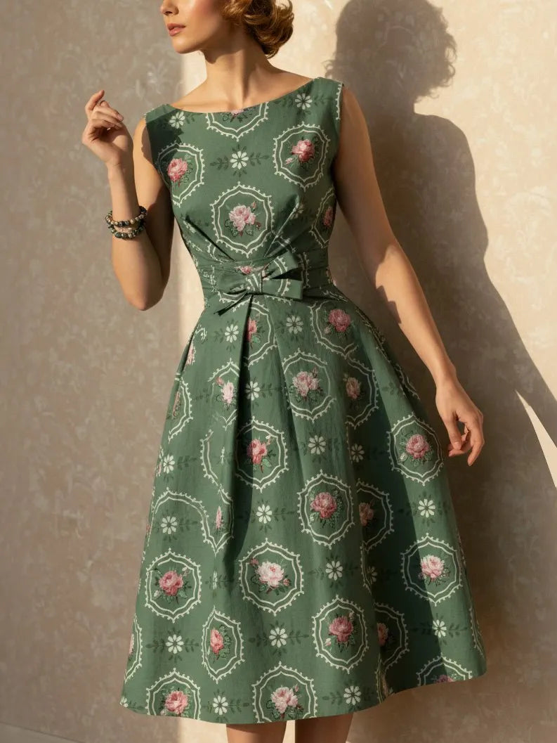 Midi Linen Dress, Sleeveless, Round Neck, Floral, Bow, Vintage, Green