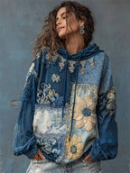 Boho Floral Fiber Art Colorblock Stitched Hoodie