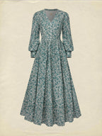 Maxi Linen Dress, Long Sleeves, V Neck, Floral, Button Design, Vintage, Green