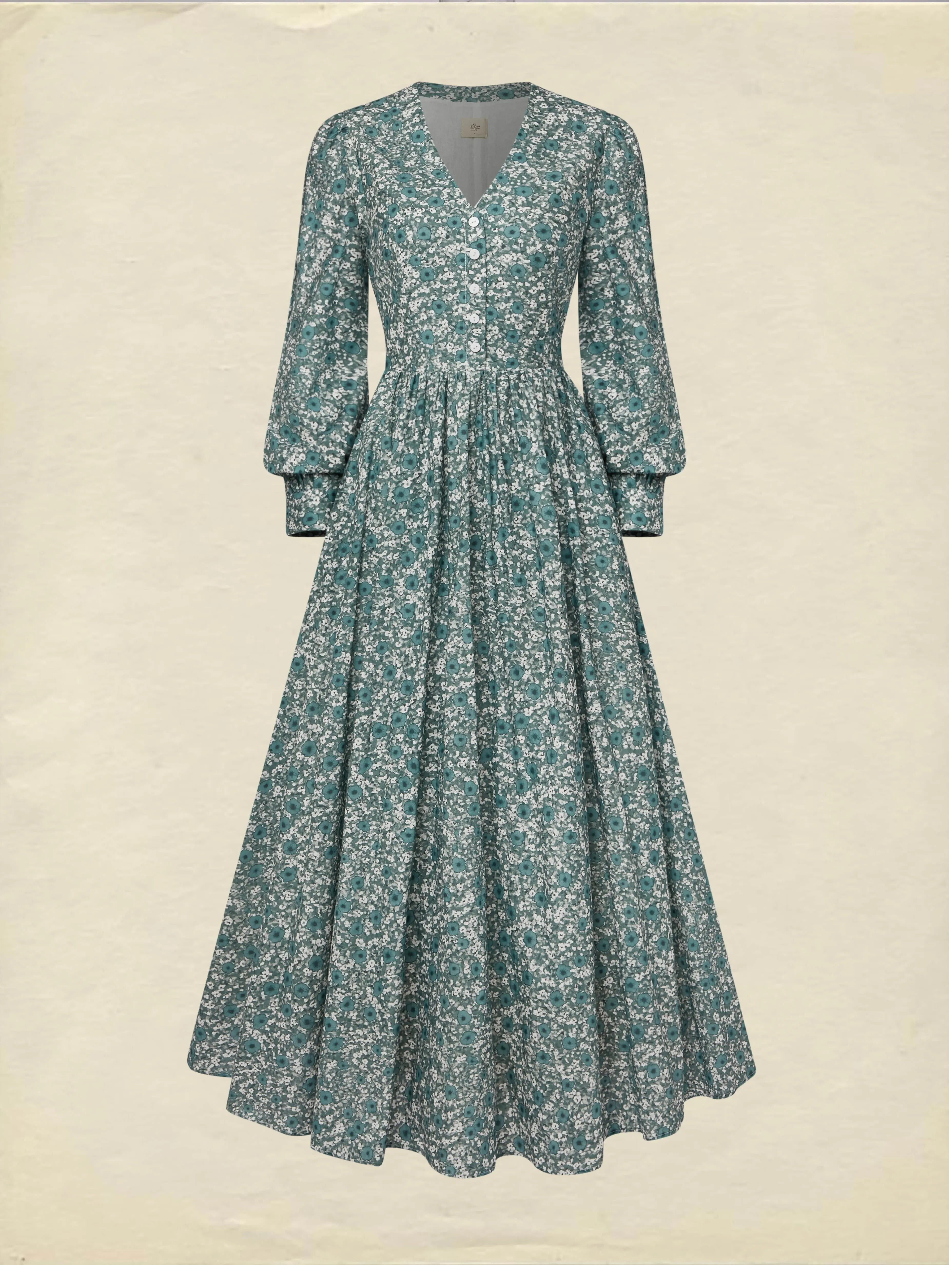 Maxi Linen Dress, Long Sleeves, V Neck, Floral, Button Design, Vintage, Green