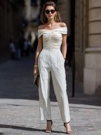 Off-Shoulder Ruched Top And High-Waisted Straight-Leg Pants Set