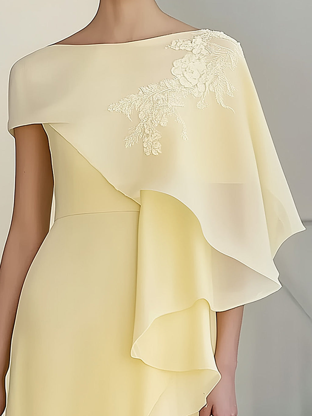 Pale Yellow Chiffon Dress with Cape Sleeves and Shoulder Embroidery