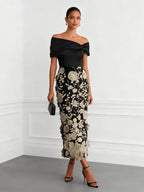 Black 3D Floral Classic Off The Shoulder Short Sleeve Sheath Midi Dress