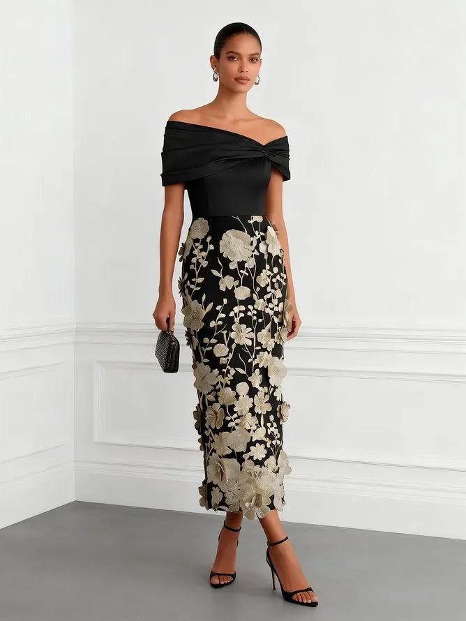 Black 3D Floral Classic Off The Shoulder Short Sleeve Sheath Midi Dress