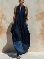 Dark Blue Denim Contrast Hem Sleeveless Maxi Dress