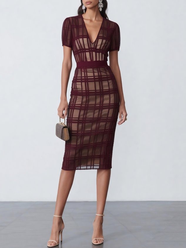 Purplish blue Organza Plaid Classic V Neck Short Sleeve Sheath Midi Dress