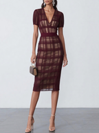 Black Organza Plaid Classic V Neck Short Sleeve Sheath Midi Dress