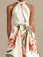 Chic Halter Neck Floral Midi Dress in Ivory Satin