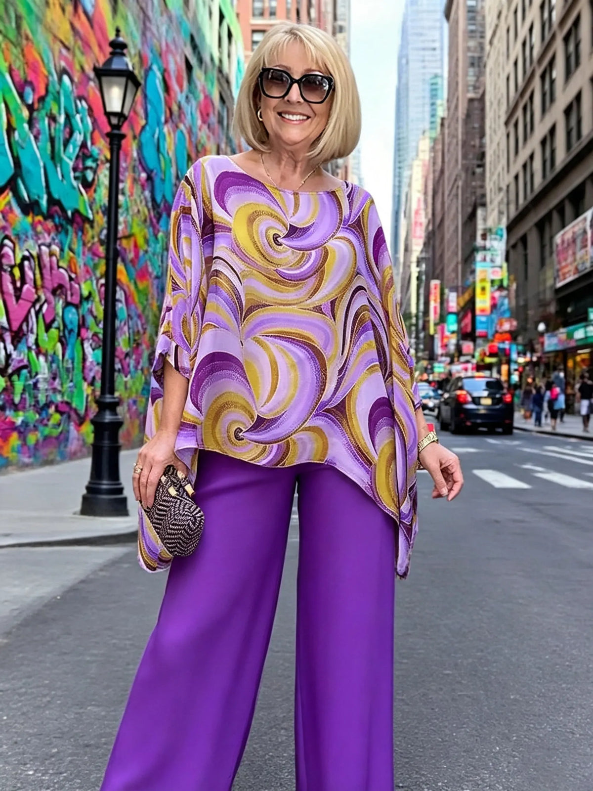 Vibrant Swirl Print Chiffon 2‐Piece Outfit, Loose Boat Neck Tunic Top & Bright Wide‐Leg Pants Set for Women