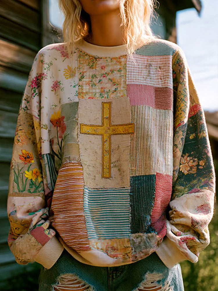 Women's Cross Floral Patchwork Cozy Sweatshirt