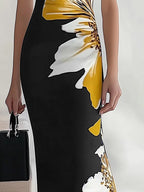 Chic Black Satin Dress with Unique Side Floral Pattern