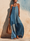 Patchwork Tencel Denim Cami Jumpsuit With Fringe Hem