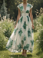 (SIZE:XS-XXL)Linen Maxi Dress, Sleeveless, V neck, Floral, Vintage, White