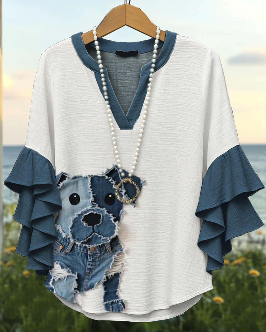 Summer Casual Puppy Denim Patchwork Hole Top & Trousers Two-piece Set d9b0