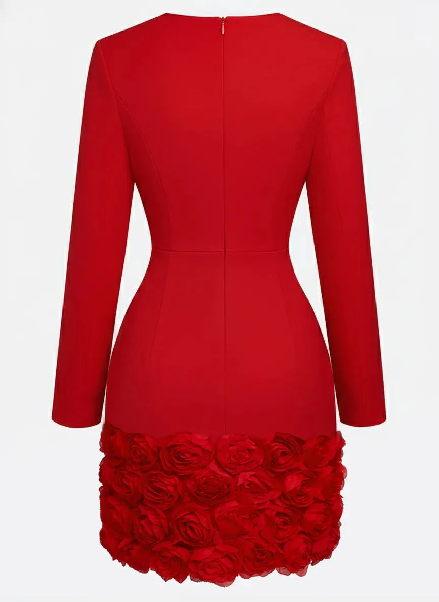 Red 3D Floral Classic V Neck Long Sleeve Sheath Mini Dress