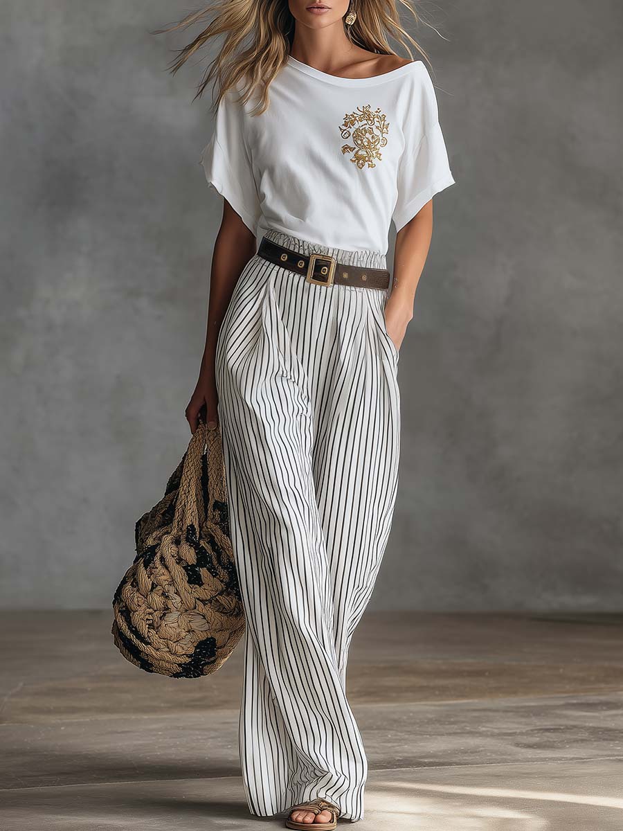Casual Western-Style White Asymmetrical Cotton T-Shirt And Striped Pants Set