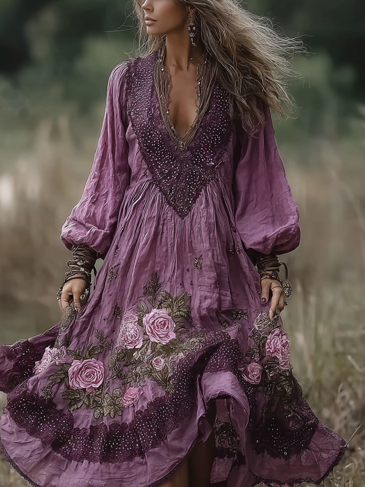 Vintage Purple Rose Design Summer V-neck Long-sleeved Linen Dress