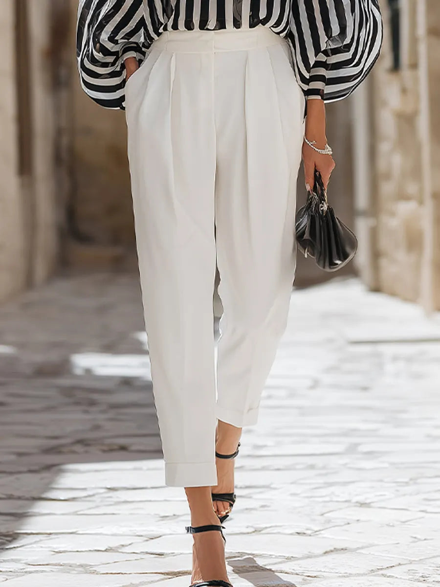 Chic Off-the-Shoulder Striped Blouse & High-Waisted Tailored Trousers Set