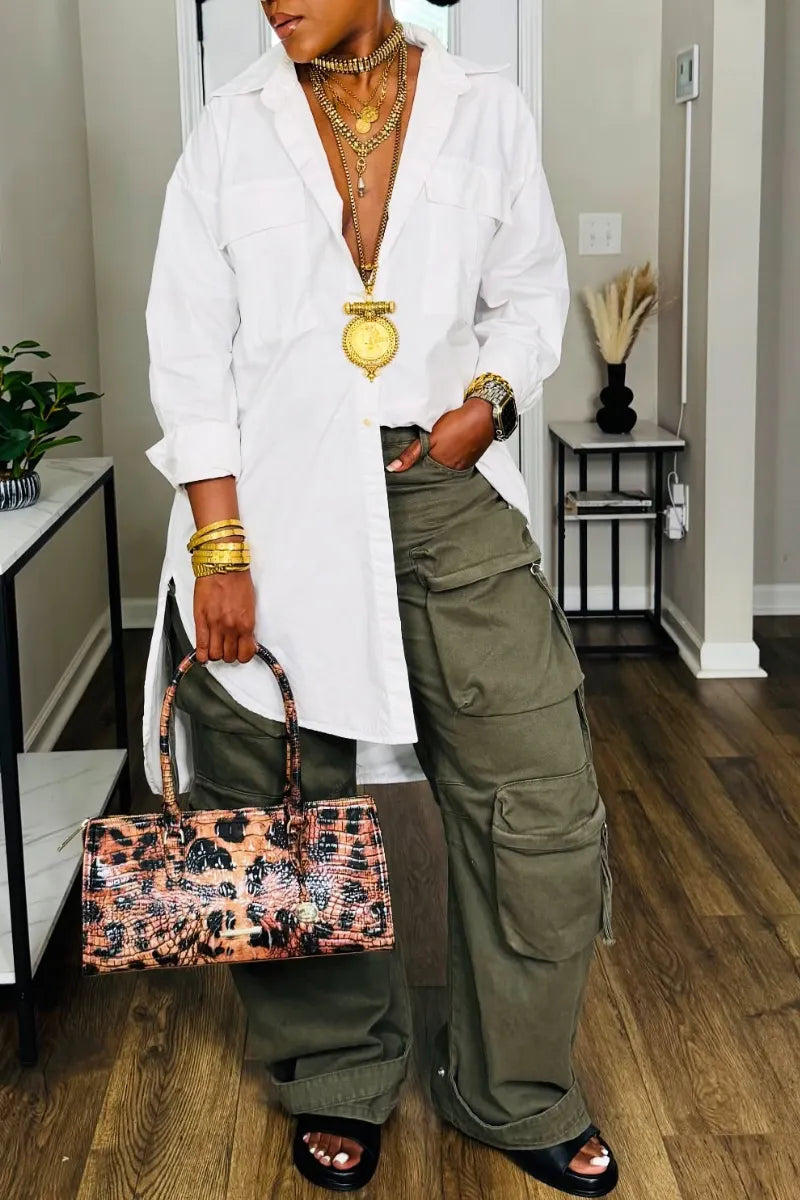 Oversized White Shirt & Cargo Pants Two‐Piece Outfit