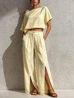 Butter Yellow Linen-Blend Off-Shoulder Top & Split Hem Wide-Leg Pants Set