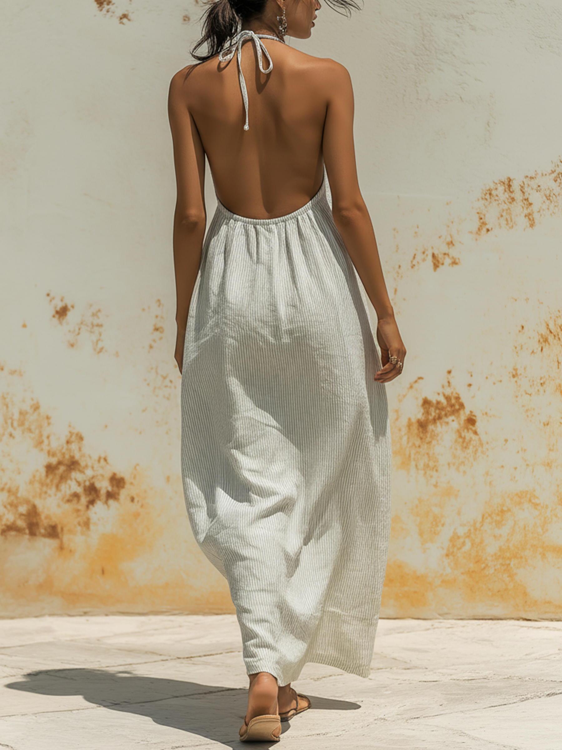 Striped Linen Halter Neck Maxi Dress