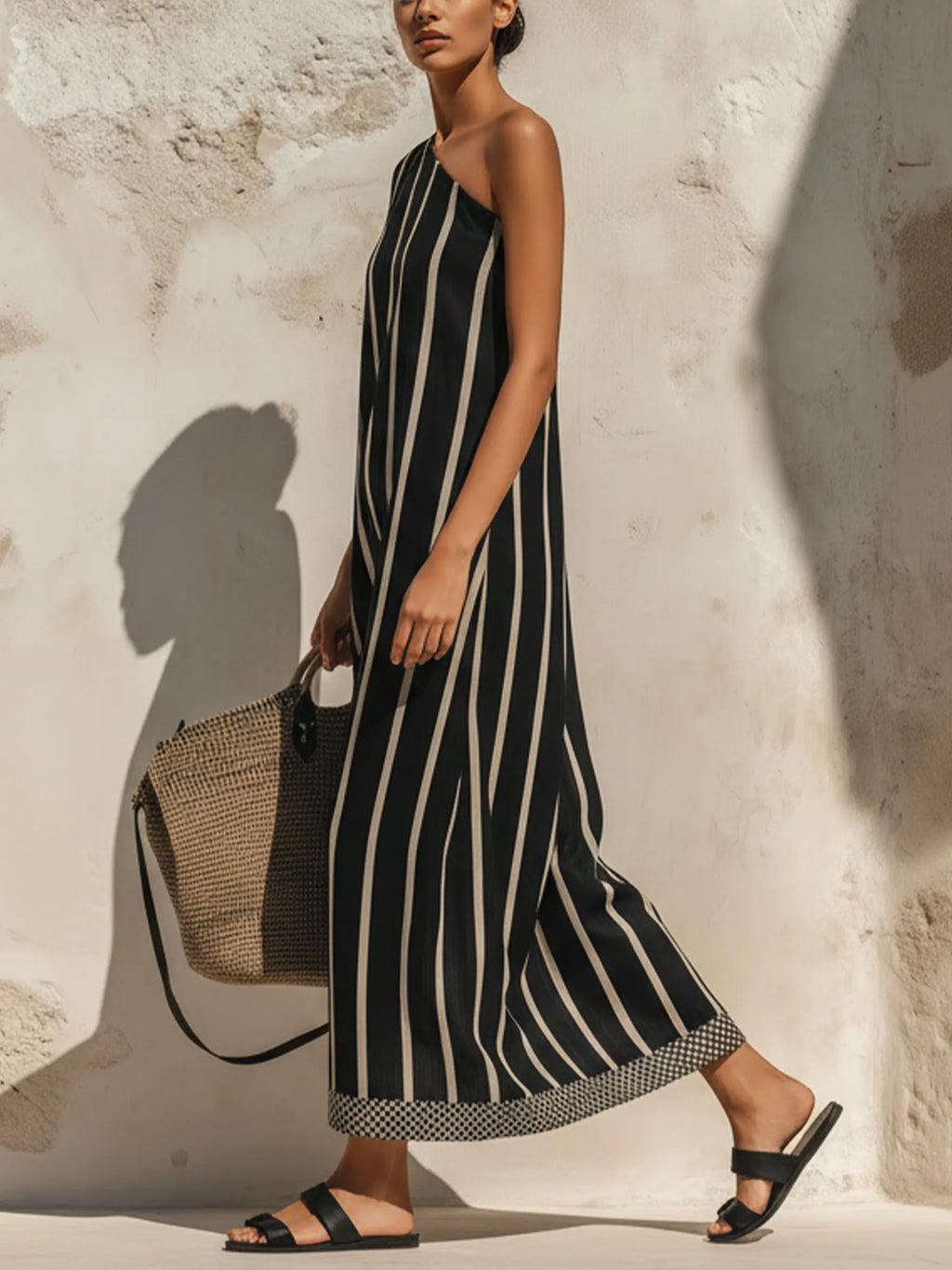Black & Beige Striped One-Shoulder Maxi Dress