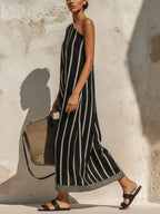 Black & Beige Striped One-Shoulder Maxi Dress