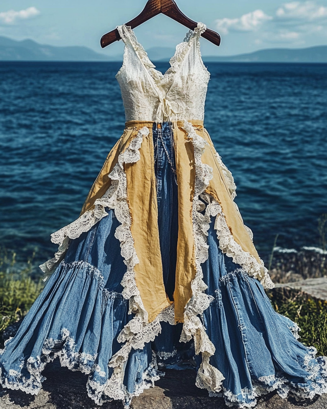 Summer Irregular Ruffle Denim Lace Patchwork Dress aca2