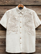 Vintage Clouds & Cranes Art Short Sleeve Linen Shirt
