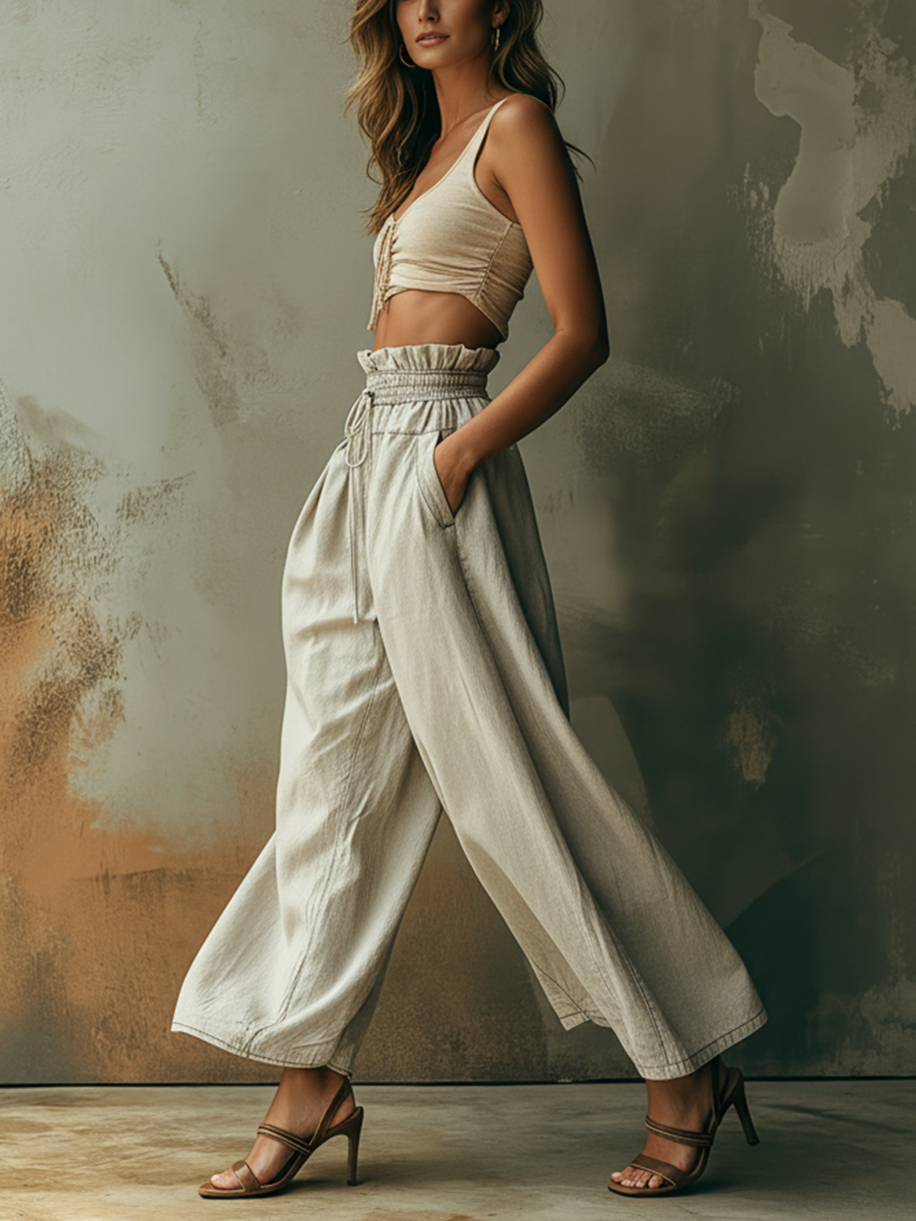 Washed Light Gray Denim High Waist Wide Leg Pants