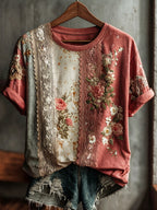 Women's Retro Lace Floral Art Casual Short-sleeve T-shirt
