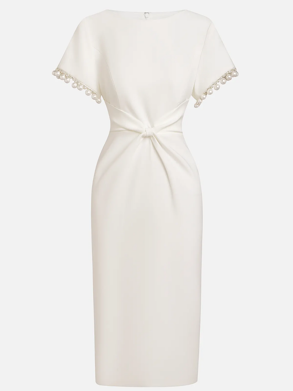 White Faux Pearl Knot Front Classic Boat Neck Short Sleeve Sheath Midi Dress