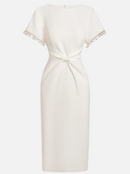 White Faux Pearl Knot Front Classic Boat Neck Short Sleeve Sheath Midi Dress