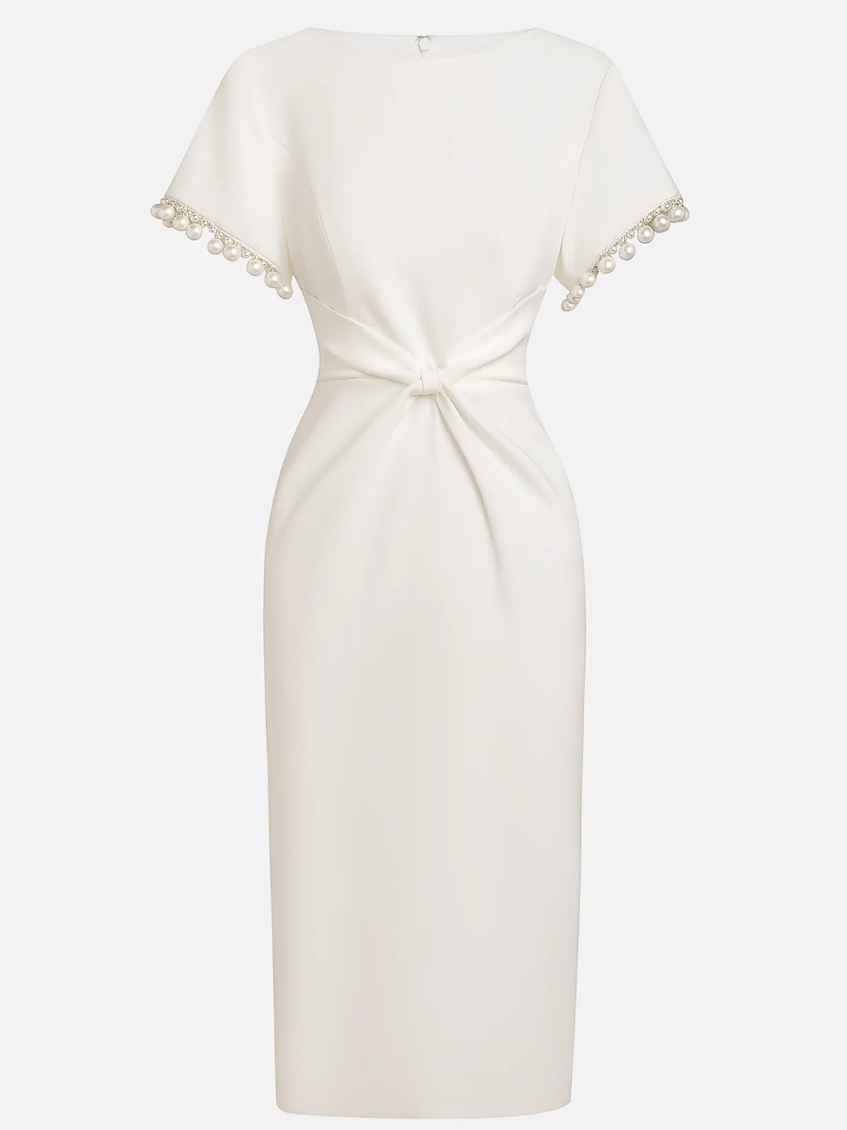 White Faux Pearl Knot Front Classic Boat Neck Short Sleeve Sheath Midi Dress