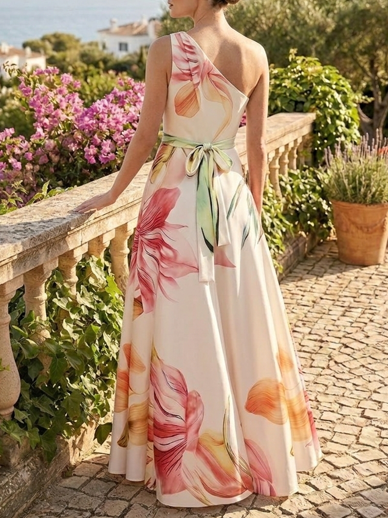 Romantic Floral Print One-Shoulder Garden Wedding Guest Dress