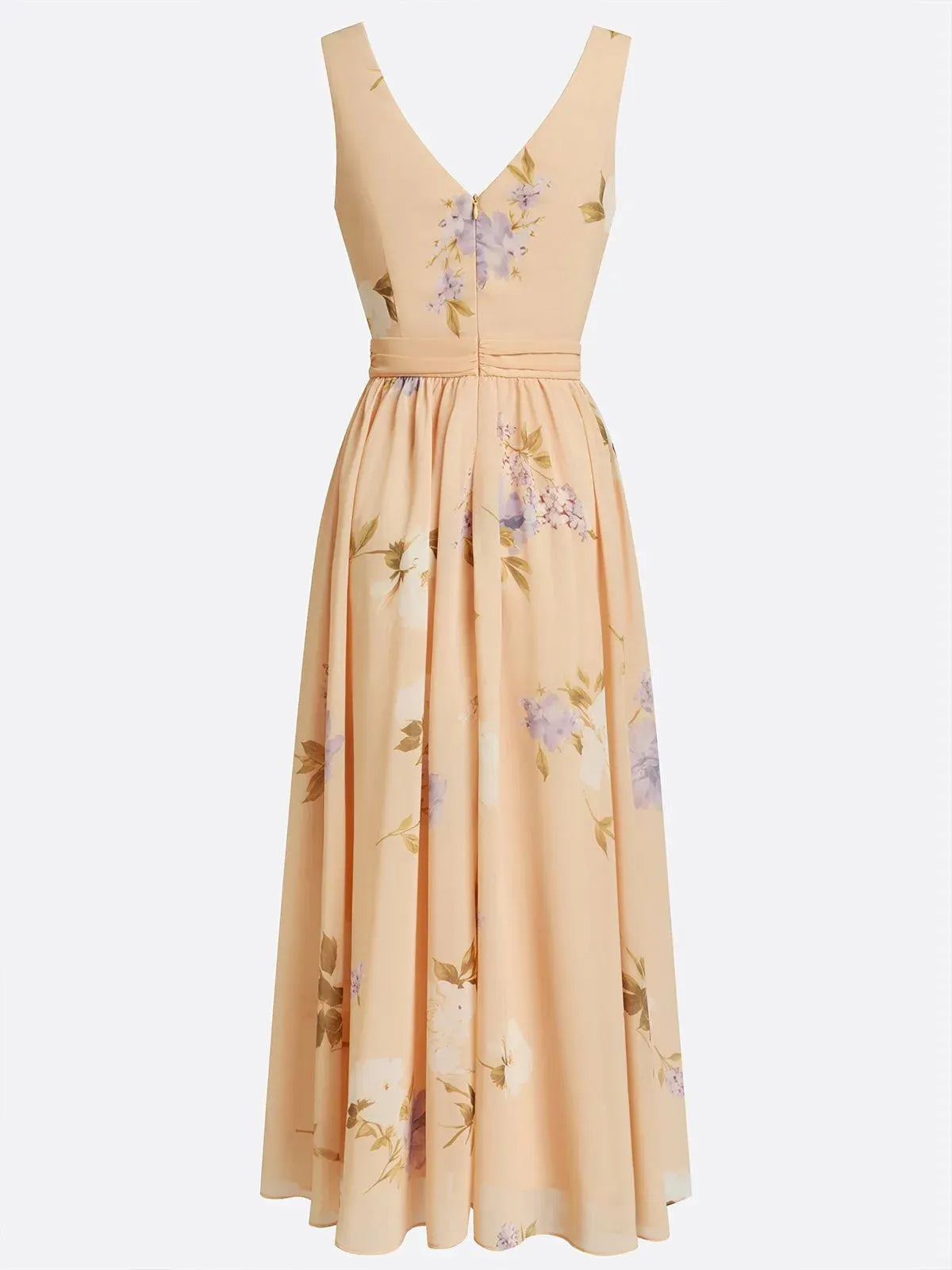 Apricot Floral Chiffon V Neck Sleeveless A-Line Maxi Dress
