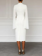 White Slit Chiffon Mock Neck Long Sleeve Bodycon One-shoulder Midi Dress with Matching Shrug