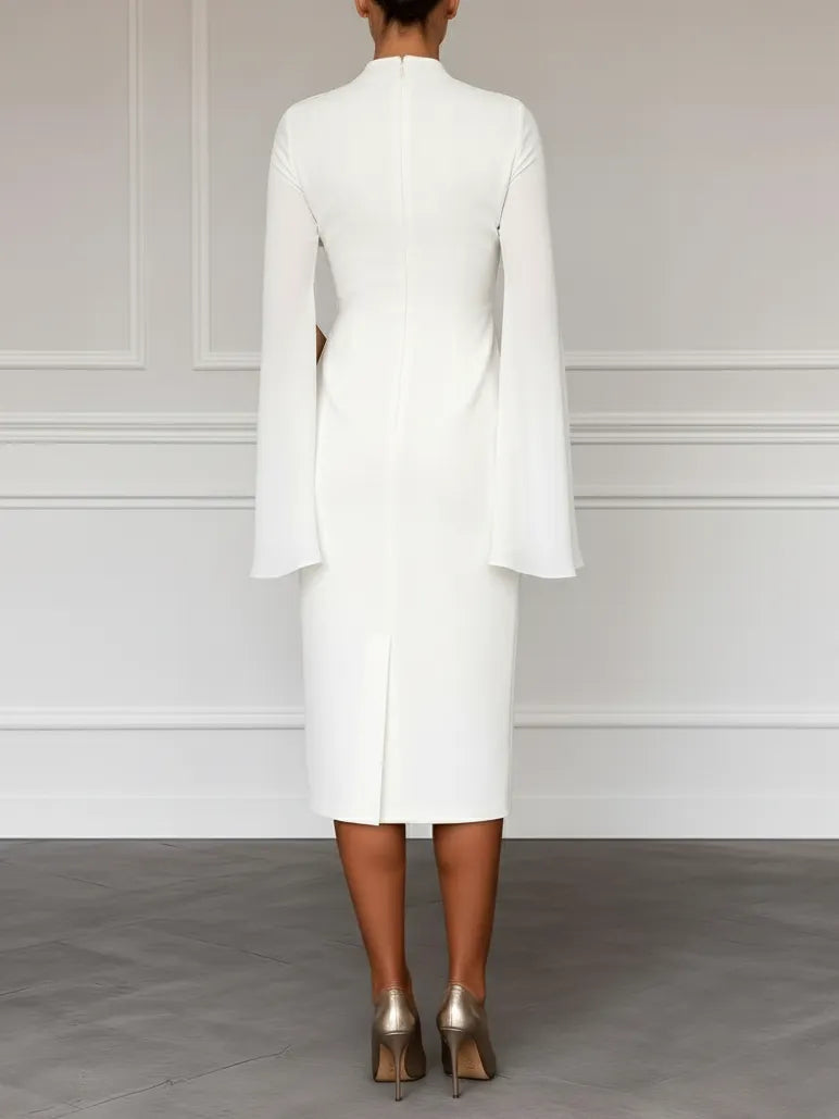 White Slit Chiffon Mock Neck Long Sleeve Bodycon One-shoulder Midi Dress with Matching Shrug