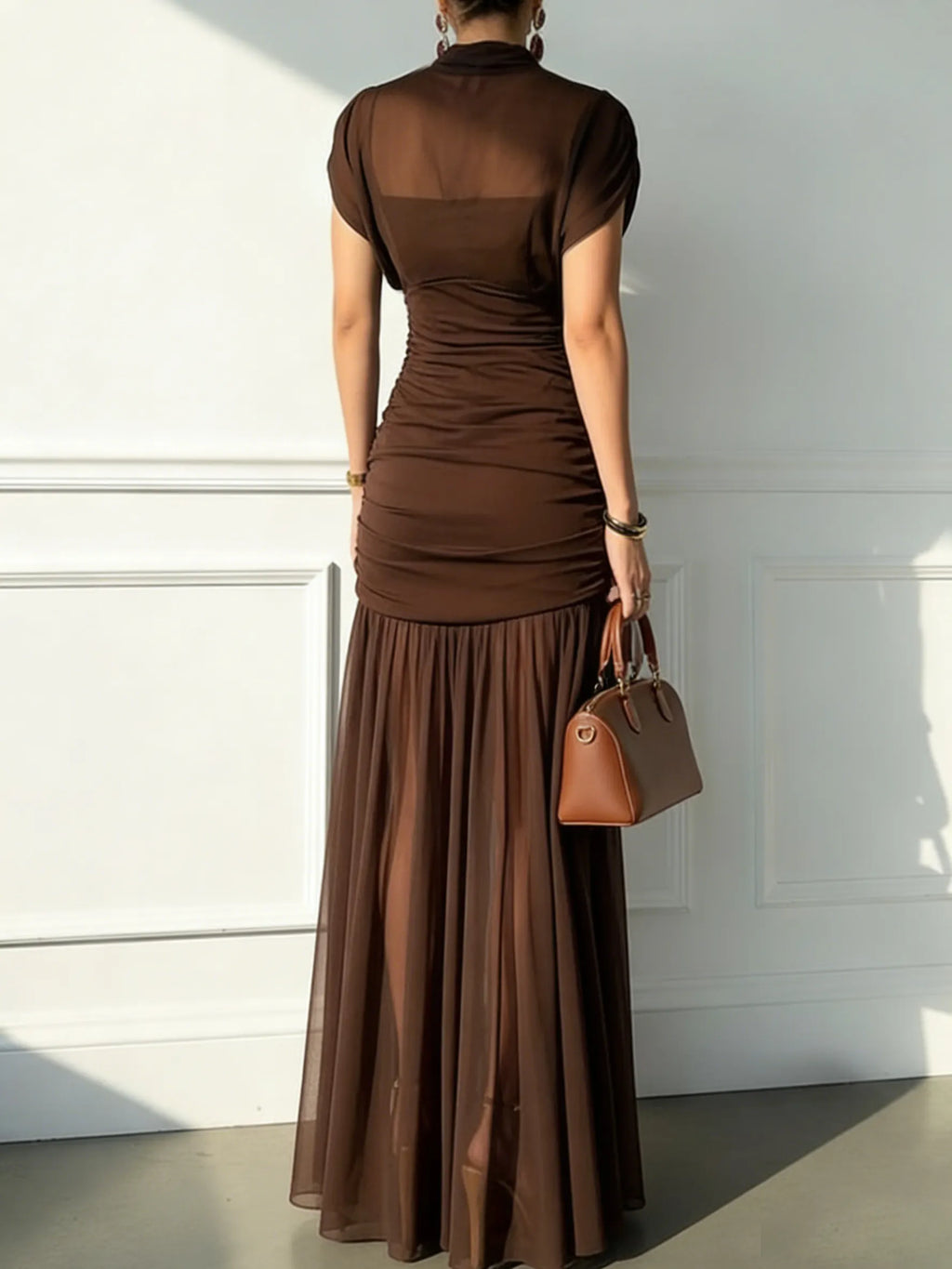 Brown Wool Lyocell Ruched Mesh Knit Mock Neck Sleeveless A-Line Maxi Dress