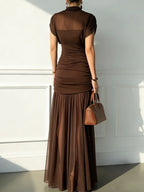 Brown Wool Lyocell Ruched Mesh Knit Mock Neck Sleeveless A-Line Maxi Dress