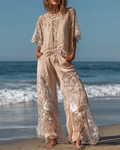 Summer Vacation Floral Embroidered Lace Pants & Top Two-Piece Set 4b7d