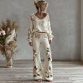 Women's Pink Floral Embroidered Art Knit Pants