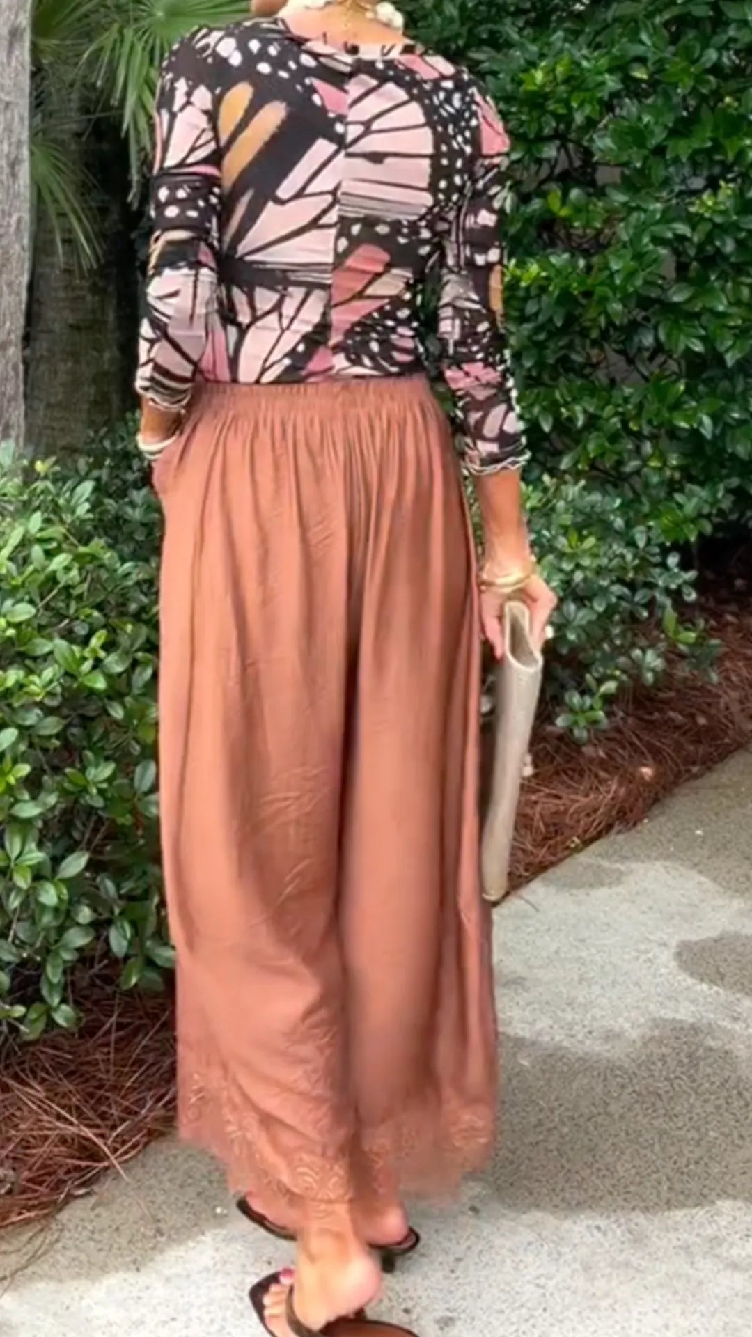 Butterfly Print Mesh Top & Lace Hem Satin Wide Leg Pants